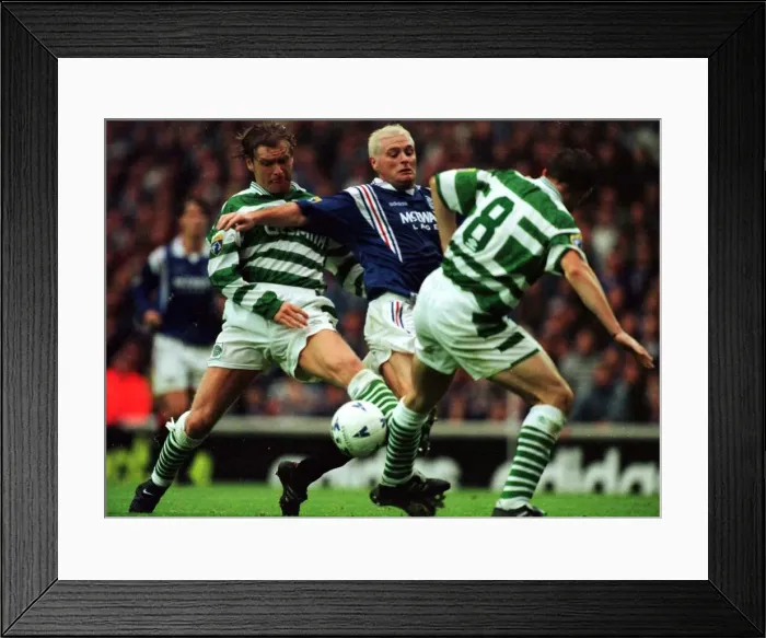 Framed Print : Paul Gascoigne of Rangers is tackled by Peter Grant of Celtic in the Scottish Premier Framed Print : Paul Gascoigne of Rangers is tackled by Peter Grant of Celtic in the Scottish Premier