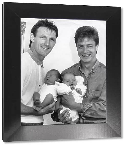 Allan Evans with his son Ashley and Stuart Gray with son Jack Anderson who were born