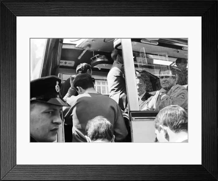 Framed Print : The England football team leave their Hendon Hall hotel on the way to Wembley to play