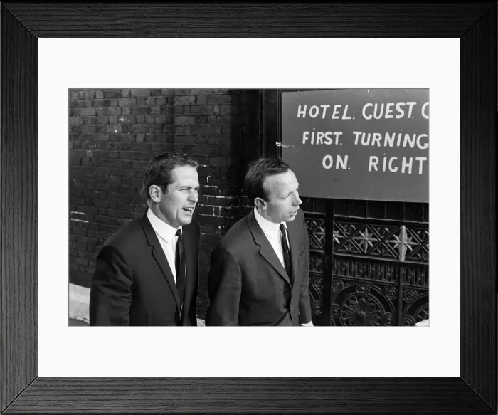 Framed Print : England football player Nobby Stiles (right) leaves Hendon Headquarters for Wembley to Framed Print : England football player Nobby Stiles (right) leaves Hendon Headquarters for Wembley to