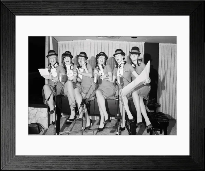 Framed Print : Six Laker stewardesses make a record dedicated to Freddie Laker called