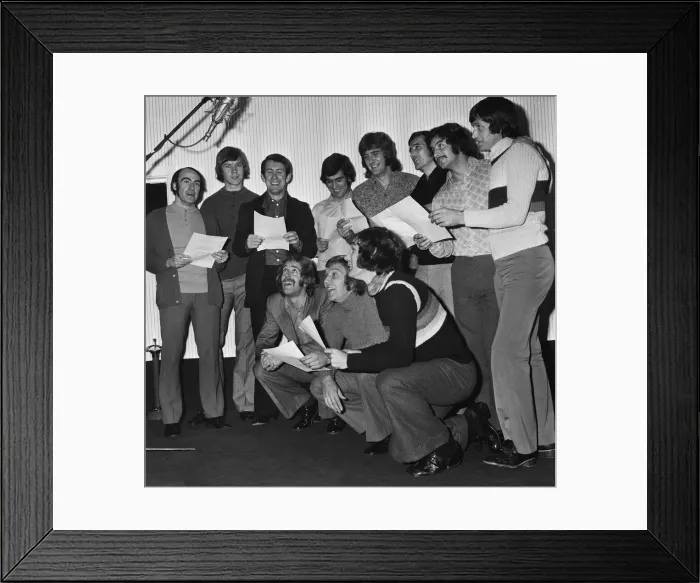 Framed Print : Everton players cut a disc For Ever Everton'at the Strawberry Studios in