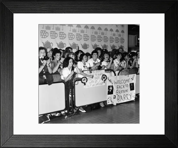 Framed Print : Barry Manilow fans waiting for him at Heathrow. 23rd August 1983