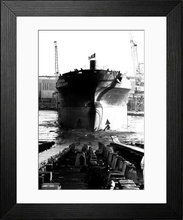 Framed Print : The launch of the merchant ship Johanna Oldendorff at the Southwick slipway of North-East Framed Print : The launch of the merchant ship Johanna Oldendorff at the Southwick slipway of North-East