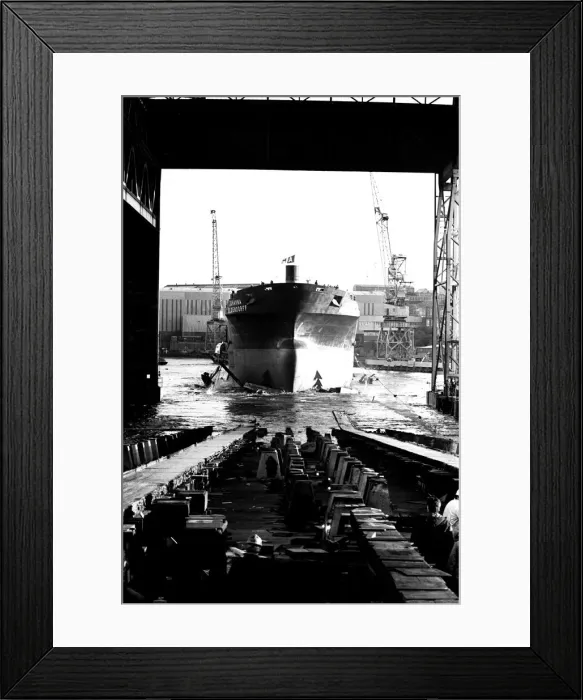 Framed Print : The launch of the merchant ship Johanna Oldendorff at the Southwick slipway of North-East Framed Print : The launch of the merchant ship Johanna Oldendorff at the Southwick slipway of North-East