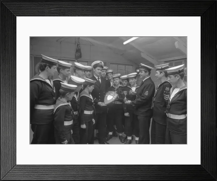 Framed Print : Members of Coventry Sea Cadet Corp band admiring the three trophies they won Framed Print : Members of Coventry Sea Cadet Corp band admiring the three trophies they won