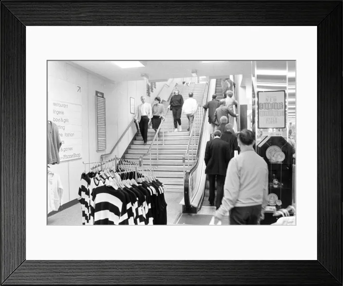 Framed Print : Escalator at Littlewoods Store in Caerphilly, South Wales, Tuesday 3rd May 1988 Framed Print : Escalator at Littlewoods Store in Caerphilly, South Wales, Tuesday 3rd May 1988