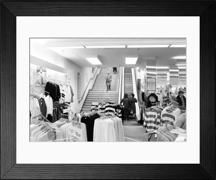Framed Print : Escalator at Littlewoods Store in Caerphilly, South Wales, Tuesday 3rd May 1988