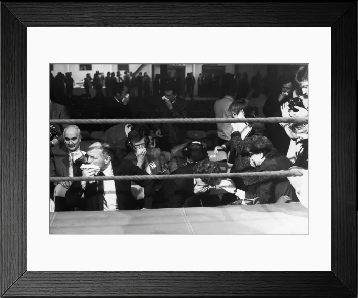 Framed Print : Tony Sibson v Frank Tate, 11th February 1988. A CS gas canister was thrown into Framed Print : Tony Sibson v Frank Tate, 11th February 1988. A CS gas canister was thrown into