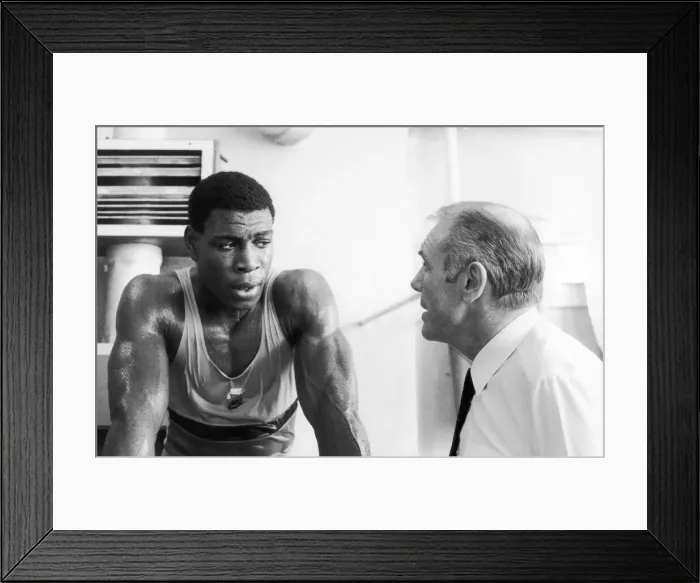 Framed Print : Boxer Frank Bruno with his trainer. 22nd April 1984 Framed Print : Boxer Frank Bruno with his trainer. 22nd April 1984