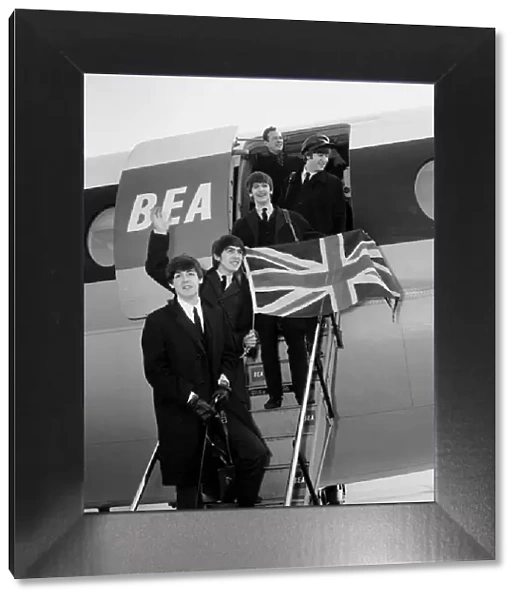 The Beatles return from Paris on BEA flight, landing at London Heathrow Airport