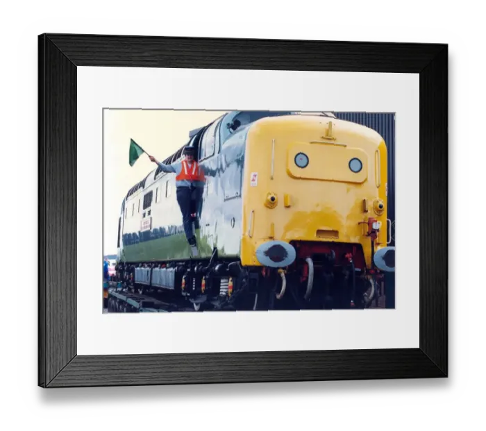 Framed Print : Volunteer Rosemary Smith welcomes the Deltic diesel locomotive to the Stephenson Rail