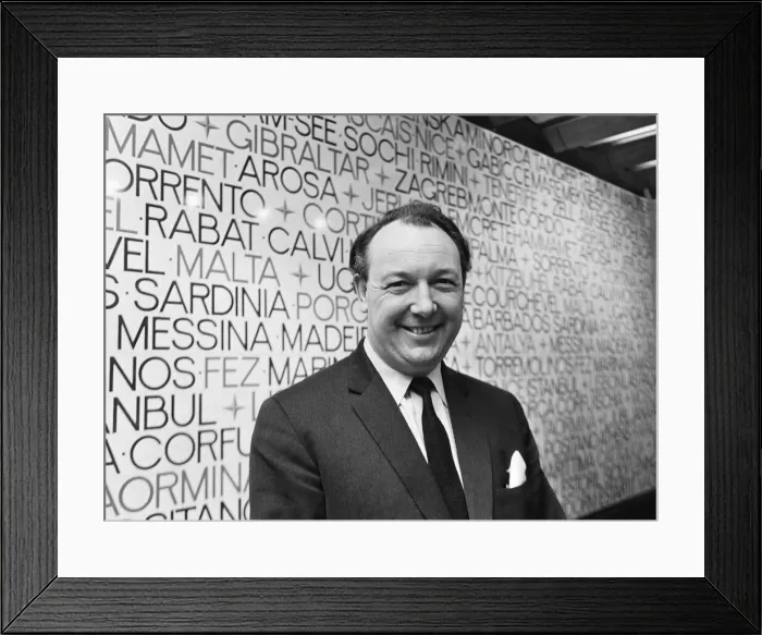Framed Print : British airline entrepreneur Freddie Laker pictured at his new airline offices after Framed Print : British airline entrepreneur Freddie Laker pictured at his new airline offices after