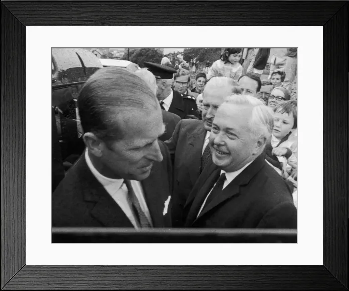 Framed Print : The Duke of Edinburgh seen here chatting with Labour Leader Harold Wilson outside his Framed Print : The Duke of Edinburgh seen here chatting with Labour Leader Harold Wilson outside his