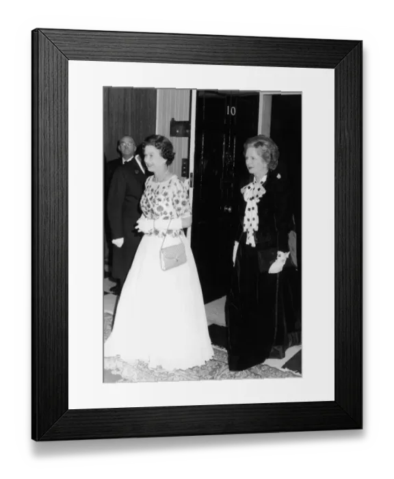 Framed Print : The Queen is met by Prime Minister Margaret Thatcher at number 10 Downing Street for a Framed Print : The Queen is met by Prime Minister Margaret Thatcher at number 10 Downing Street for a