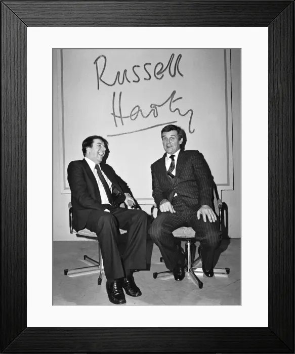 Framed Print : Russell Harty & show jumper Harvey Smith. 3rd February 1982 Framed Print : Russell Harty & show jumper Harvey Smith. 3rd February 1982