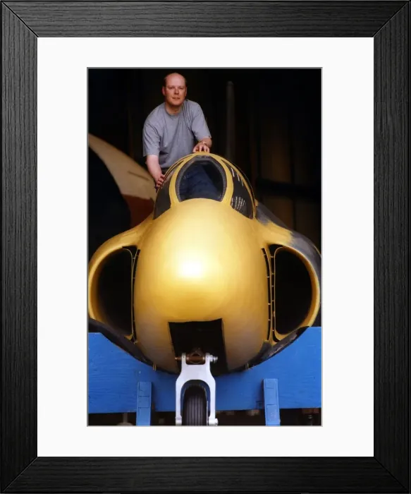 Framed Print : Craig Blundred, from the North East Aircraft Museum, pictured with the Supermarine Swift Framed Print : Craig Blundred, from the North East Aircraft Museum, pictured with the Supermarine Swift