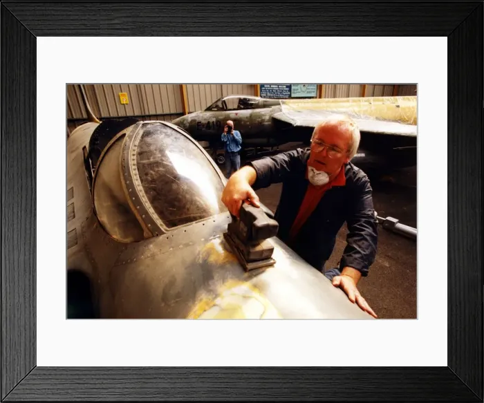 Framed Print : Ed Miller, from the North East Aircraft Museum, pictured with the Supermarine Swift Framed Print : Ed Miller, from the North East Aircraft Museum, pictured with the Supermarine Swift