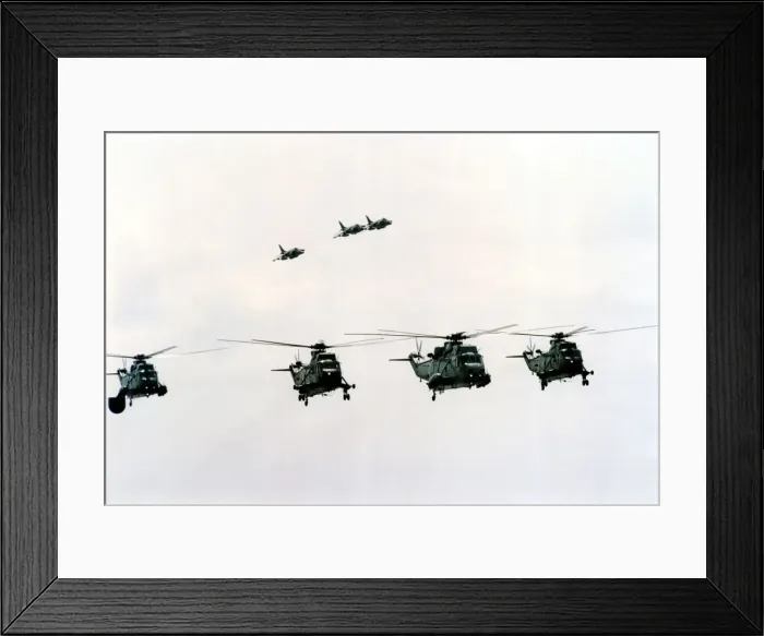 Framed Print : Four Royal Navy Sea King helicopters and three Sea Harriers in flight