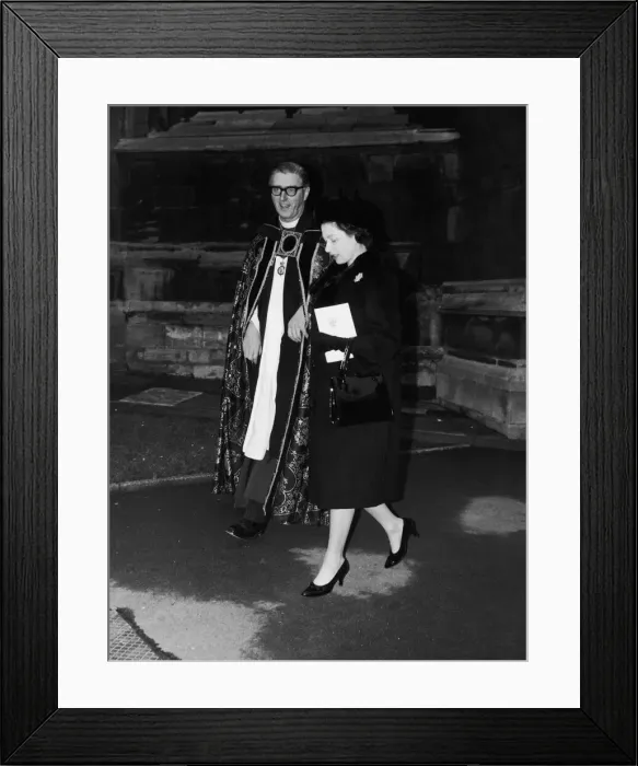 Framed Print : The Queen walks with the Dean of Windsor, Rev. Robert Woods after the memorial service to Framed Print : The Queen walks with the Dean of Windsor, Rev. Robert Woods after the memorial service to