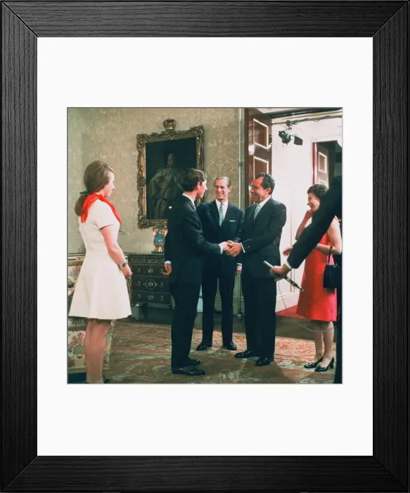 Framed Print : The Queen, Prince Philip and Prince Charles with visiting American President Richard Framed Print : The Queen, Prince Philip and Prince Charles with visiting American President Richard
