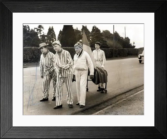 Framed Print : Students Rag - Four Cardiff students trying to break the bed pushing record Framed Print : Students Rag - Four Cardiff students trying to break the bed pushing record