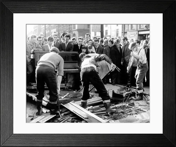 Framed Print : Newcastles students during rag week breaking pianos in the Haymarket on 18th October Framed Print : Newcastles students during rag week breaking pianos in the Haymarket on 18th October