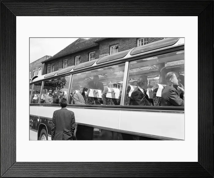 Framed Print : The England football team leave their Hendon Hall hotel on the way to Wembley to play Framed Print : The England football team leave their Hendon Hall hotel on the way to Wembley to play