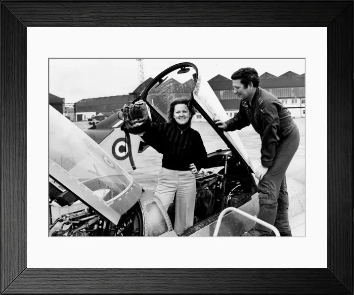 Framed Print : Avril Abdrews stands in the cockpit of a £2 million Phantom jet at RAF Leuchars in
