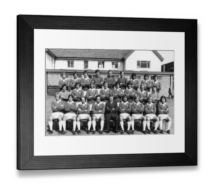 Framed Print : Everton football team pose for a pre season squad photograph at Bellefield, July 1974