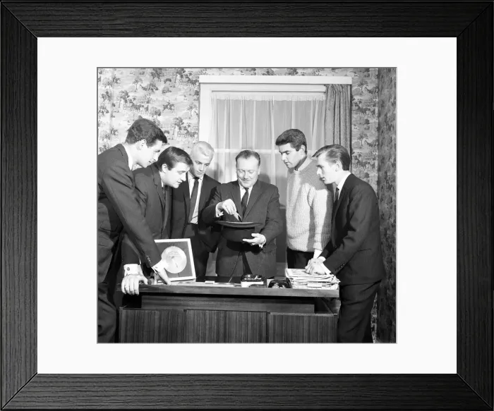 Framed Print : The Tornados, English instrumental group, pictured with Pat Doncaster of the Daily Mirror Framed Print : The Tornados, English instrumental group, pictured with Pat Doncaster of the Daily Mirror
