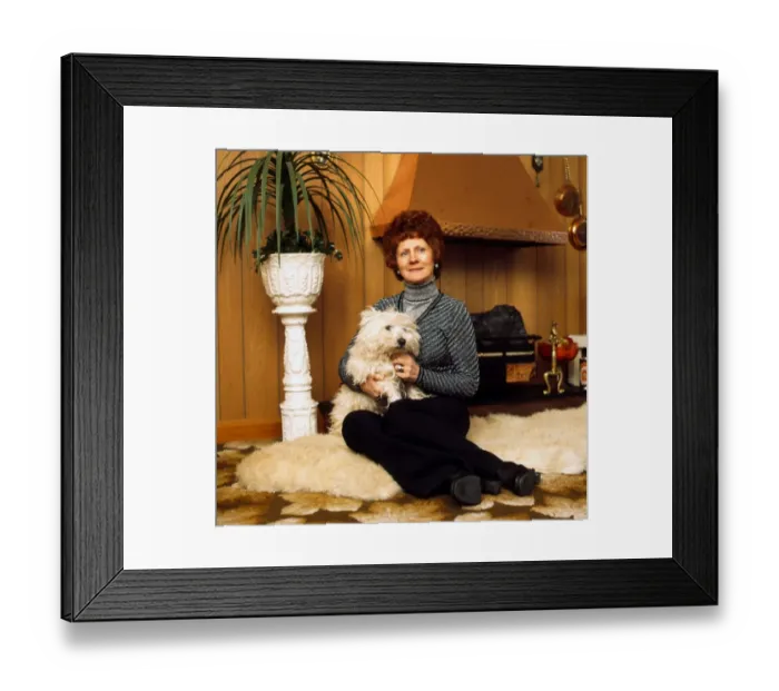 Framed Print : Betty Lawrie at home holding dog March 1975 Framed Print : Betty Lawrie at home holding dog March 1975