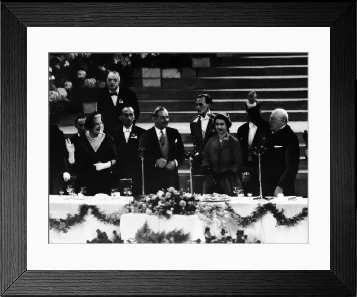 Framed Print : Prime Minister Winston Churchill proposes three cheers for the new Queen at a banquet