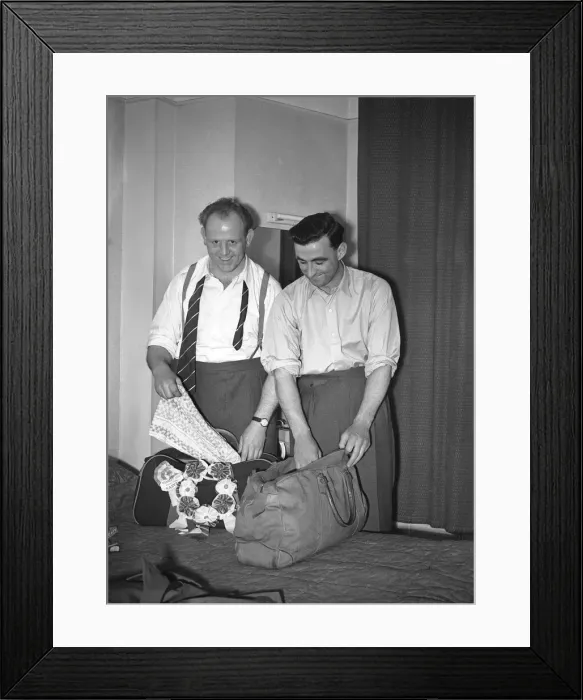 Framed Print : Two Halifax players unpacking on arrival at their hotel on the eve of the Rugby League