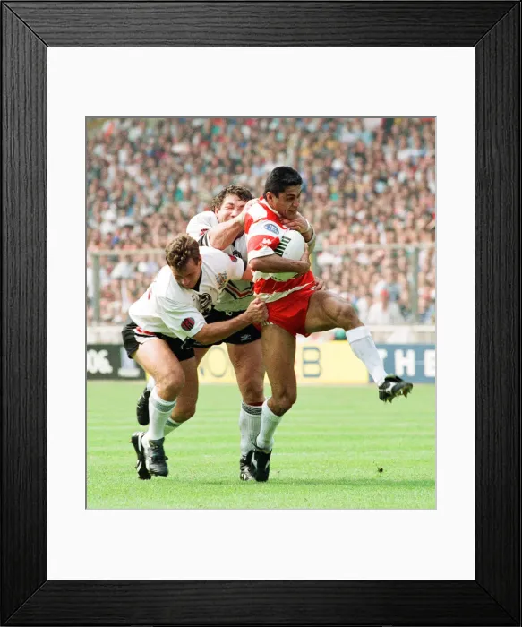 Framed Print : Widnes defence tries to close down the Wigan attack during the Rugby League Cup Final Framed Print : Widnes defence tries to close down the Wigan attack during the Rugby League Cup Final
