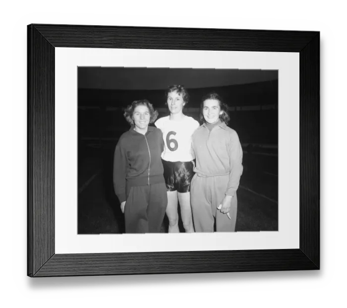 Framed Print : Left to right Betty Loakes, Diane Leather and Nora Smalley after 880 yard Womens Relay Framed Print : Left to right Betty Loakes, Diane Leather and Nora Smalley after 880 yard Womens Relay