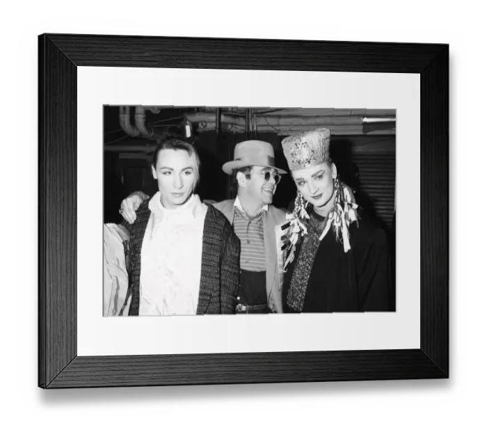 Framed Print : Singer Boy George with with friend Marilyn and Elton John during the Culture Club