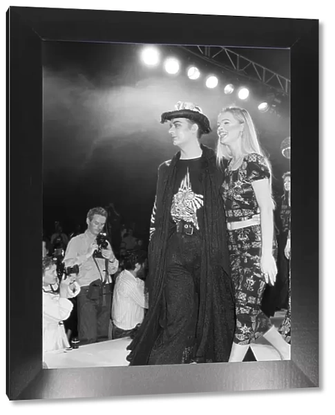 Culture Club singer Boy George modelling clothes on the catwalk at the Bodymap Fashion