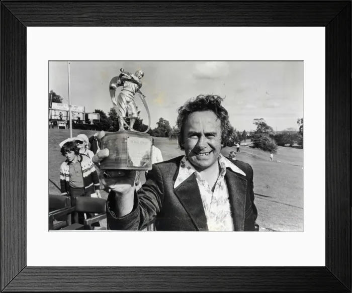 Framed Print : Brian Huggett showing his trophy off after that sudden death victory. 16th, August, 1978 Framed Print : Brian Huggett showing his trophy off after that sudden death victory. 16th, August, 1978