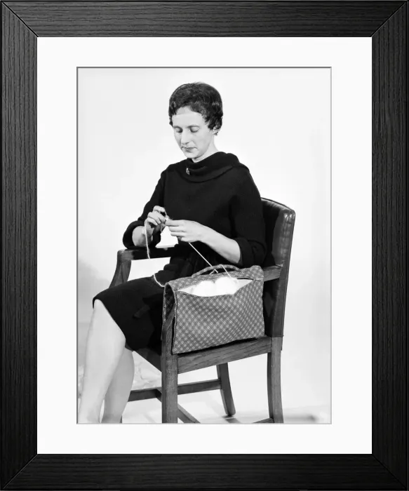 Framed Print : Woman knitting pose in the Daily Mirror studios Circa 1959 Framed Print : Woman knitting pose in the Daily Mirror studios Circa 1959
