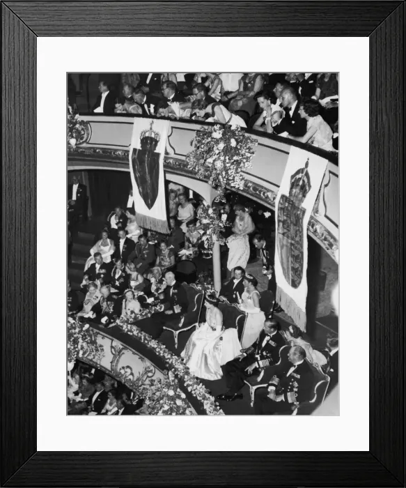 Framed Print : The Queen and The Duke of Edinburgh at Oslos National Theatre with King Haakon of Framed Print : The Queen and The Duke of Edinburgh at Oslos National Theatre with King Haakon of