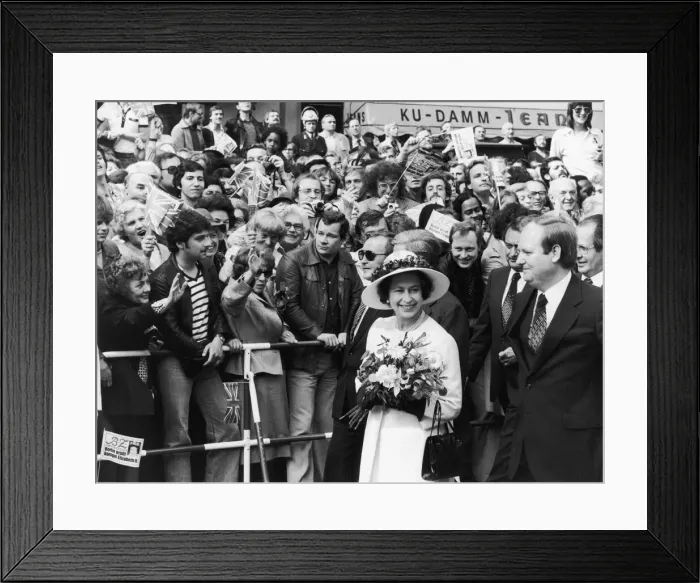 Framed Print : The Queen during her state visit to West Germany is seen here during a walk-about along Framed Print : The Queen during her state visit to West Germany is seen here during a walk-about along