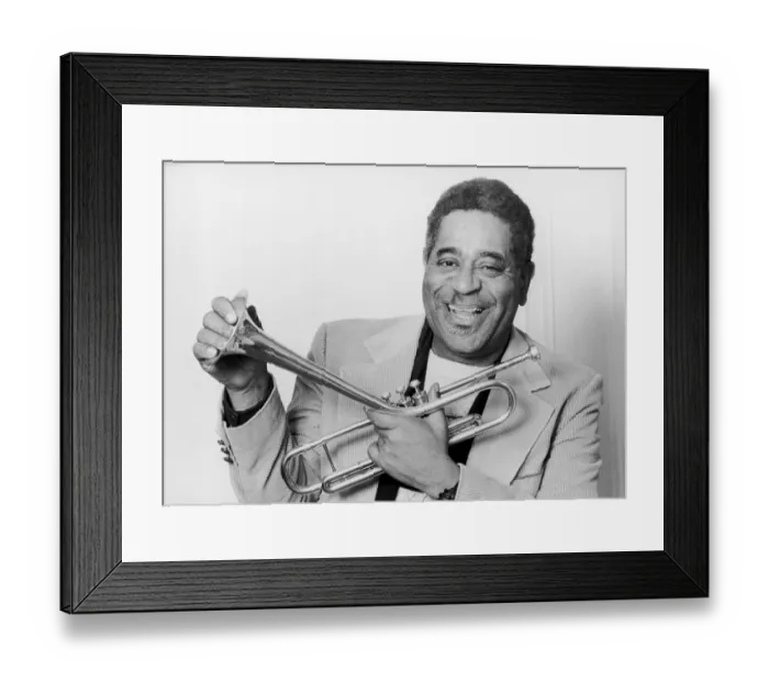 Framed Print : American jazz musician Dizzy Gillespie, holding his trumpet, circa 1976 Framed Print : American jazz musician Dizzy Gillespie, holding his trumpet, circa 1976