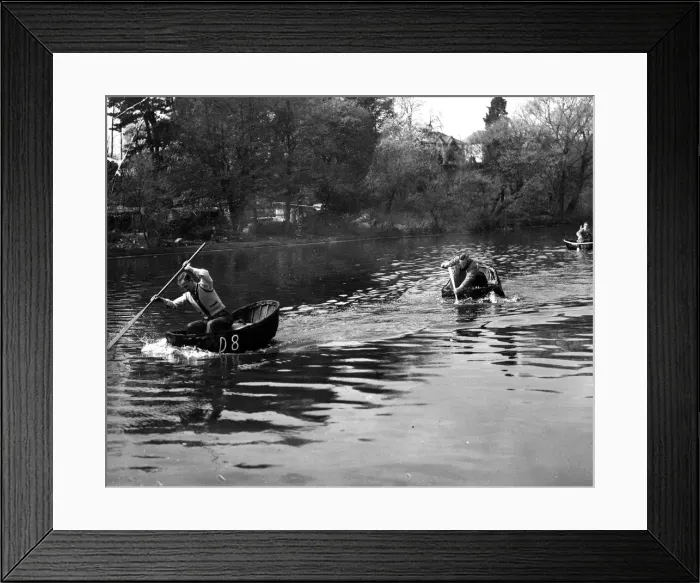 Framed Print : Coracle Racing - In readiness for a TV transmission, these coracle fishermen from Framed Print : Coracle Racing - In readiness for a TV transmission, these coracle fishermen from