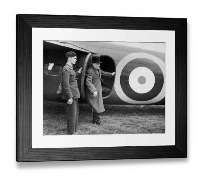 Framed Print : British Prime minister Winston Churchill leaves his aeroplane for a visit to a defence Framed Print : British Prime minister Winston Churchill leaves his aeroplane for a visit to a defence