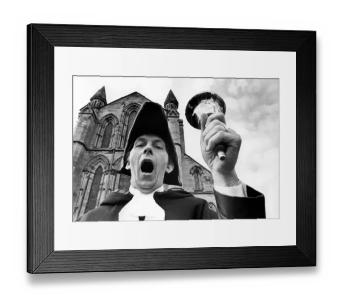 Framed Print : Town Crier Douglas Knott, bellows out the proclamations