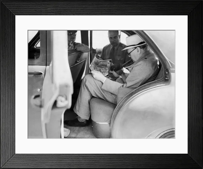 Framed Print : British Prime Minister Winston Churchill with American officers studying aerial