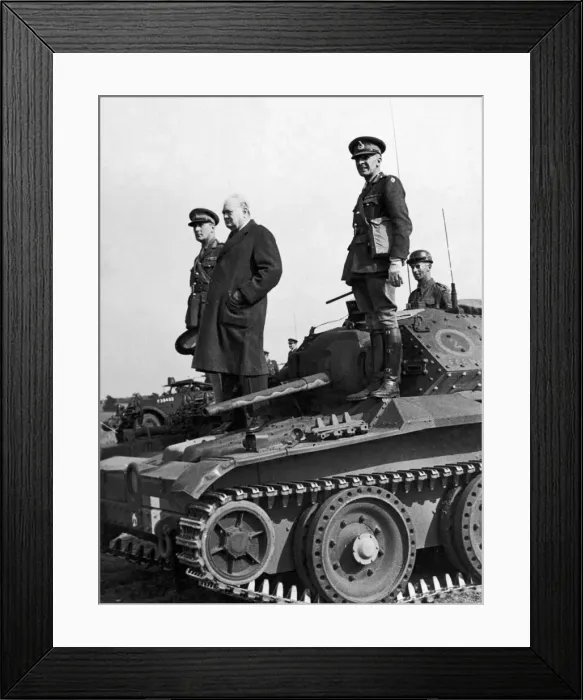 Framed Print : British Prime Minister Winston Churchill standing on a Covenanter'tank Framed Print : British Prime Minister Winston Churchill standing on a Covenanter'tank
