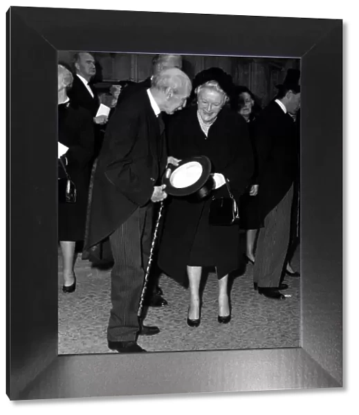 Lady Churchill, seen here on her 80th birthday, talks to Lord Clement Attlee as she