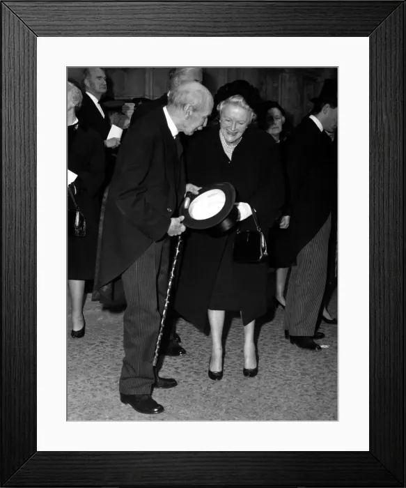 Framed Print : Lady Churchill, seen here on her 80th birthday, talks to Lord Clement Attlee as she Framed Print : Lady Churchill, seen here on her 80th birthday, talks to Lord Clement Attlee as she